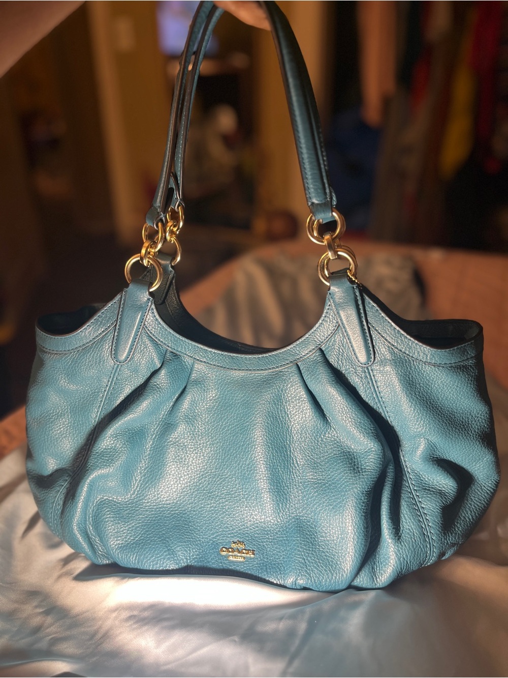 Coach Lily Dark Teal Pebbled Leather Pleated Shoulder Bag Gold Hardware F12155